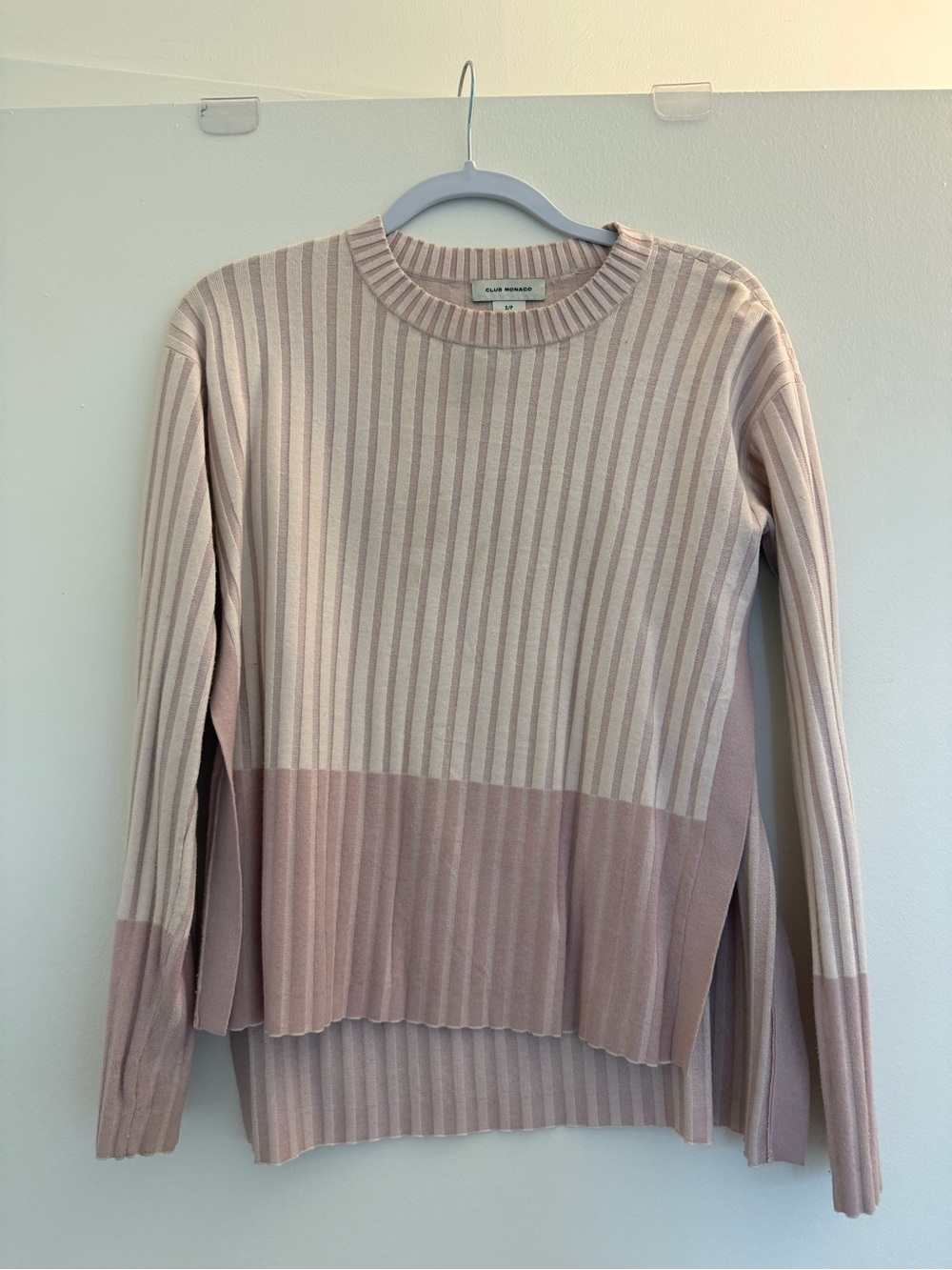 Club Monaco Blush and Cream Ribbed Colorblock Crewneck Sweater